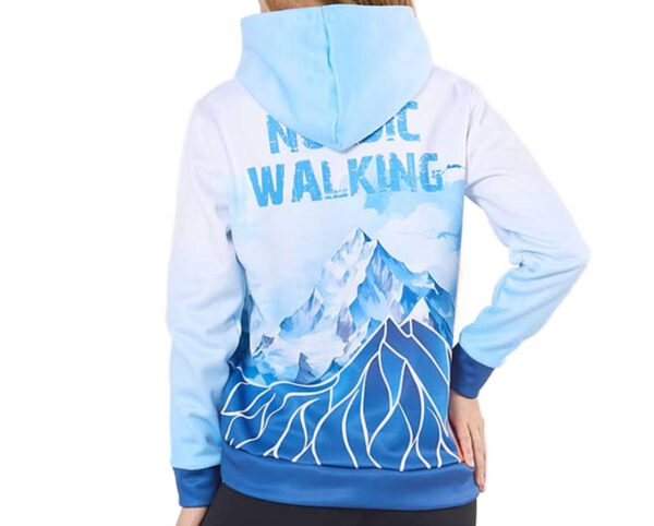 Women’s polyester sports sweatshirt with a graphic print of mountains and the inscription "Nordic Walking", back view. A warm clothing gadget from AMGS Group.