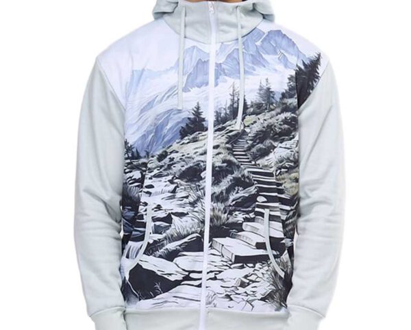 Custom thermoactive hoodie with logo for man. Close-up of men's thermoactive hoodie showing stand-up collar and hood lined with sublimated single jersey. AMGS Group