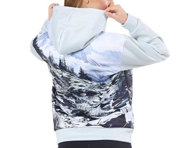 Women’s sports hoodie with mountain landscape print, back view. Discover the collection at AMGS Group!