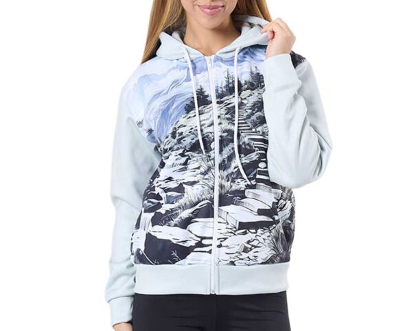 Women’s double-layer sports sweatshirt with print, made of athletic fabric. A warm promotional garment from AMGS Group.