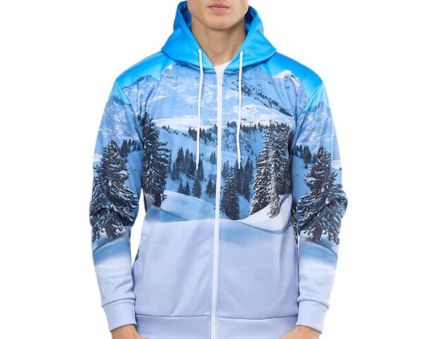 Custom Mens Hoodie with Sublimation Print . Men’s hoodie with sublimation print. Front view of a classic-cut men’s hoodie with full sublimation print. AMGS Group.