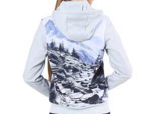 Women’s sweatshirt with sublimation print and hood, back view – a functional and eye-catching solution. See more at AMGS Group.