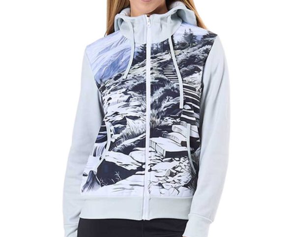 Custom womens hoodie with stand collar and sublimation print. Sweatshirt with sublimation print and stand-up collar. Perfect for promotional campaigns. Women’s hoodie. AMGS Group.
