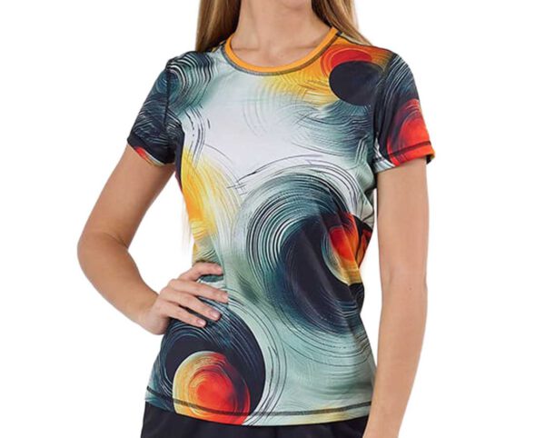 Women's Sublimated Sports T-Shirt. Personalized women’s termoactive teardrop t-shirt with a dynamic, artistic print. Lightweight, breathable fabric ensures comfort during movement. Create your unique model with AMGS Group!