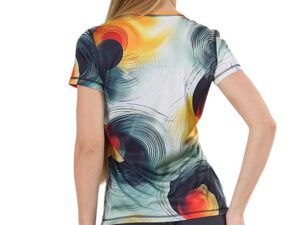 Back of the personalized women’s Termoactive Teardrop T-shirt with an abstract print. Thermoactive fabric and fitted cut. Order your own version at AMGS Group and express your style!