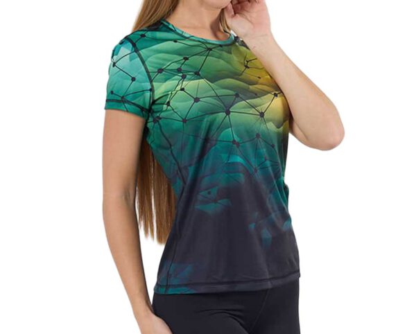 Womens Smooth Sport T-Shirt with sublimation print. Greenn and black shapes. Buy in AMGS Group.