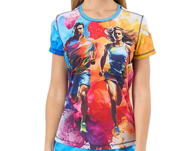 Womens Technical T-Shirt with Sublimation. Sublimation is applied directly to pre-cut elements, ensuring vibrant, high-definition graphics that integrate into the fabric and remain intact over time. AMGS Group.