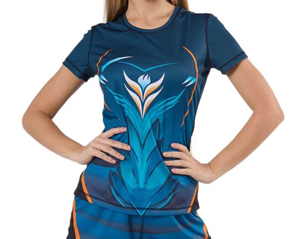 Custom sublimated T-Shirt . Full-print polyester custom performance T-shirt with integrated brand logo.