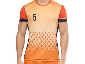 Men’s Sport Elastic T-shirt with short sleeves and number 5 – orange model with sublimation geometric print in shades of white and black. Made of elastic, breathable fabric, perfect for team sports. Available at AMGS Group.
