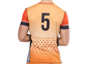 Back of the men’s Sport Elastic T-shirt with number 5 – orange model with white geometric sublimation print, made from breathable fabric. Ideal for team sports and an active lifestyle. Available at AMGS Group.