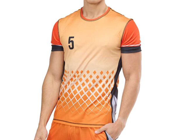 Men’s Sport Elastic T-shirt with number 5 – modern cut, orange and black color scheme, and white sublimation print with a mesh pattern. Made of elastic fabric, perfect for team sports and training. Available at AMGS Group.