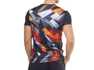 Back view of the men’s Sport Coolmax T-shirt with an eye-catching sublimation print – geometric shapes in shades of orange, red, graphite, and white. Made from lightweight, breathable Coolmax fabric, ideal for intense physical activity. Available at AMGS Group.