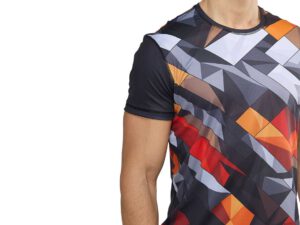 Close-up of the men’s Sport Coolmax T-shirt with sublimation print – a dynamic composition of geometric shapes in shades of red, orange, white, and graphite. Made from breathable Coolmax fabric, perfect for intense workouts. Available at AMGS Group.