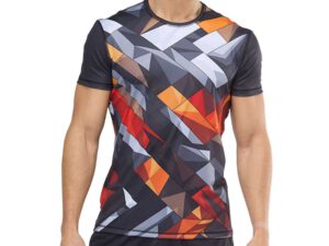 Men’s Sport Coolmax T-shirt with short sleeves and a dynamic geometric-style print – red-orange and graphite triangles on a dark background. Made of breathable Coolmax fabric for optimal comfort during workouts. Available at AMGS Group.