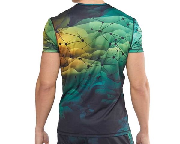 Back view of a men’s sports T-shirt with a colorful sublimation print – distinct graphic motif with point connections in shades of green, navy, and yellow. Made of elastic, breathable fabric. Ideal for physical activities and casual style. Available at AMGS Group.