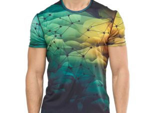 Sport HD men’s T-shirt with short sleeves, made of elastic, breathable fabric. Features a multicolor sublimation print in shades of green, yellow, and navy with a graphic network pattern – perfect for training and everyday wear. Available at AMGS Group.