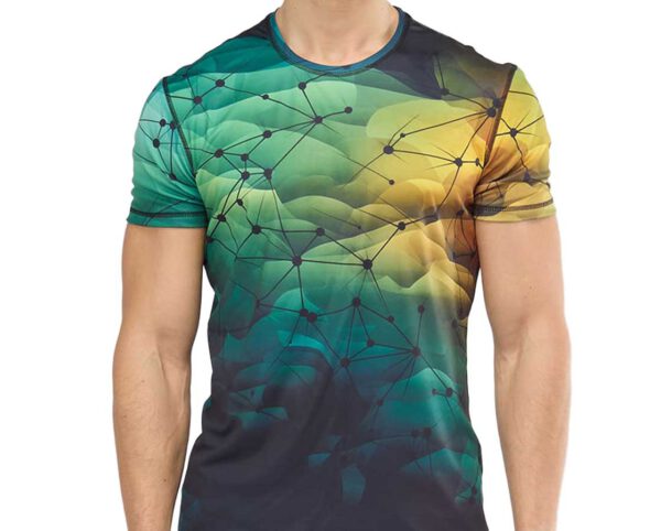 Sport HD men’s T-shirt with short sleeves, made of elastic, breathable fabric. Features a multicolor sublimation print in shades of green, yellow, and navy with a graphic network pattern – perfect for training and everyday wear. Available at AMGS Group.