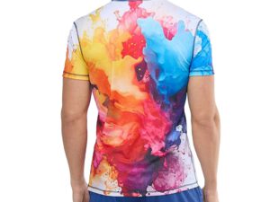 Back of the men’s Sport Thermoactive Smooth T-shirt with full-color sublimation print – a dynamic composition of paint splashes in vibrant shades of yellow, red, blue, purple, and black. Made of breathable, thermoactive fabric, perfect for running and workouts. Order now at AMGS Group.