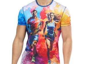 Men’s Sport Thermoactive Smooth T-shirt with a print of a running man and woman against a background of colorful paint splashes – a dynamic, full-color sublimation graphic. Made of thermoactive, lightweight fabric for comfort during intense activity.