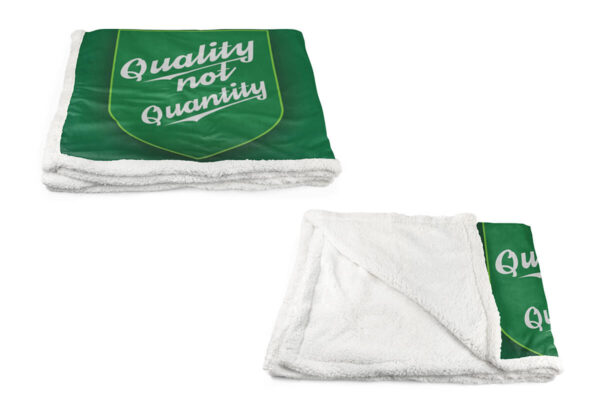 Custom green sherpa blanket featuring "Quality not Quantity" logo, showcasing brand promotion via sublimation.