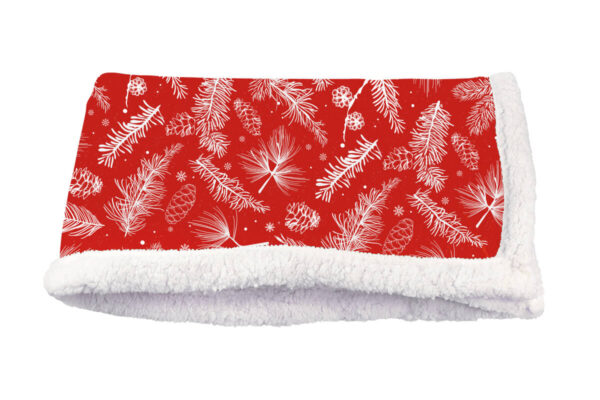 Full-Color Sublimation Blanket. Sherpa blanket with detailed Christmas tree and pinecone pattern on a red background.