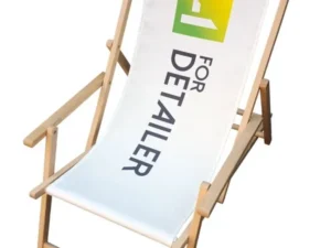 Wooden promotional deckchair with armrests and white polyester seat featuring the "FOR DETAILER" logo print.