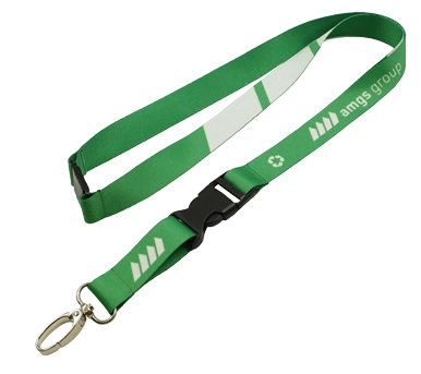custom-green-rpet-lanyard-with-safety-breakaway-amgs-group Eco-friendly green RPET lanyard with safety breakaway and detachable buckle. Produced by AMGS Group for promotional use.