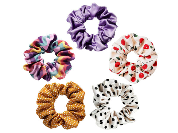 AMGS Group patterned satin scrunchies (polka dots, cherries, waves, purple) — retail-ready branded set; contact us for a proposal.