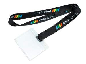 Angled view of a black lanyard with sublimation print, highlighting the texture and quality of the r-PET material.