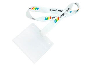 A branded corporate lanyard made from durable polyester, shown with an attached badge holder ready for professional use.