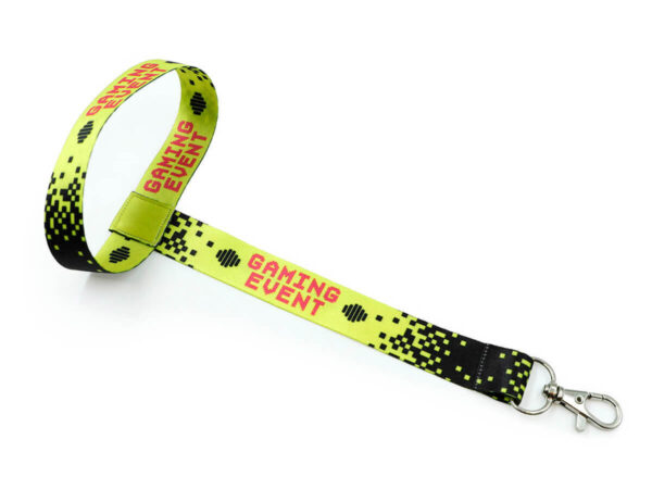 Personalized cup holder lanyard for gaming event in yellow and black sublimated design.