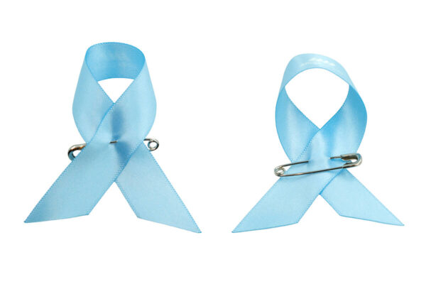 Blue satin awareness ribbon pin with safety pin, double-sided, manufacturer AMGS Group.