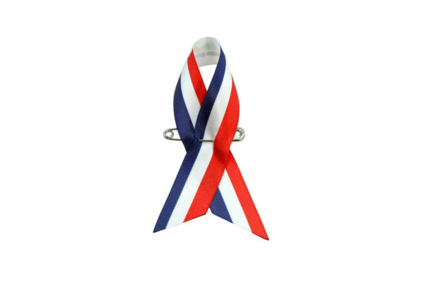 Tricolor satin awareness ribbon pin in red, white and navy, one-side printed, manufacturer AMGS Group.