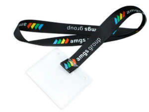 Hookless r-PET Lanyard with Custom Logo. An eco-friendly corporate lanyard made from recycled material, shown with an attached badge holder ready for conference use.