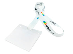 White lanyard designed without any metal parts, featuring direct attachment of the holder via slits in the fabric.