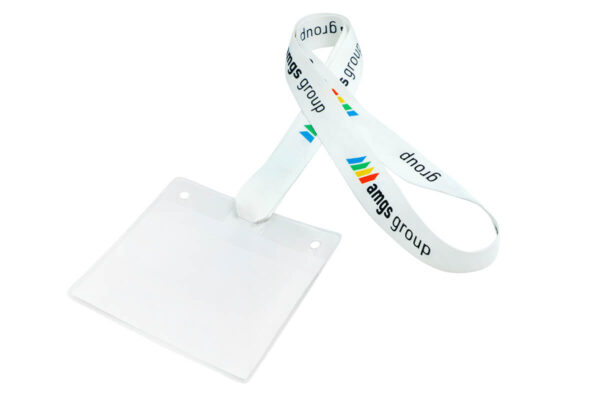 White lanyard designed without any metal parts, featuring direct attachment of the holder via slits in the fabric.