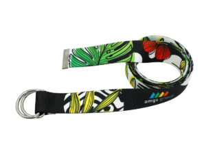 Polyester belt with company logo, full color sublimation print, and durable metal D-rings.