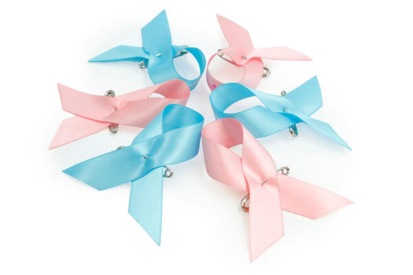 Set of pink and blue satin awareness ribbon pins with safety pins, manufacturer AMGS Group.