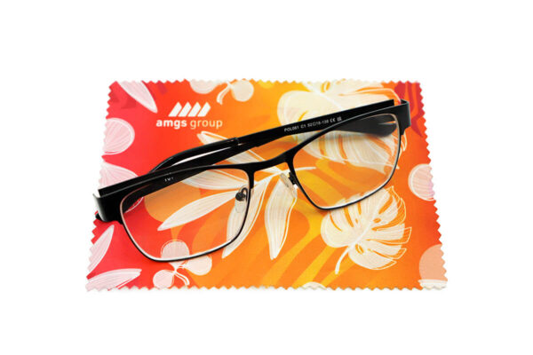 Personalized microfiber cloth for glasses with printed business branding.