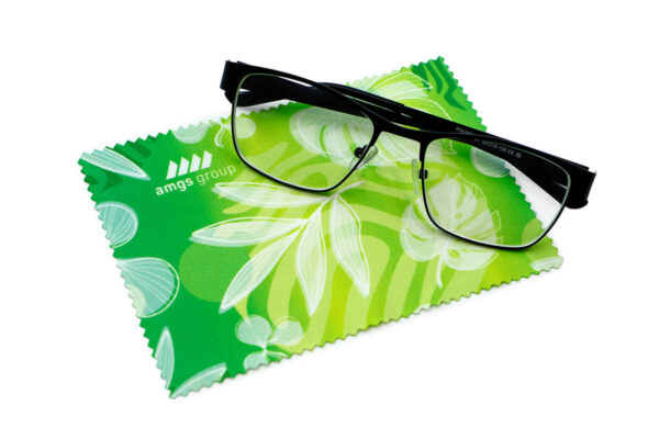 Promotional rPET microfiber cloth with leaf print – elegant and eco-friendly corporate accessory from AMGS Group.