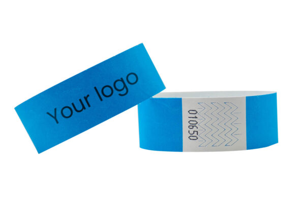 Blue 25mm Tyvek wristband with "Your Logo" custom print. Large advertising area for corporate branding. Manufacturer AMGS Group.
