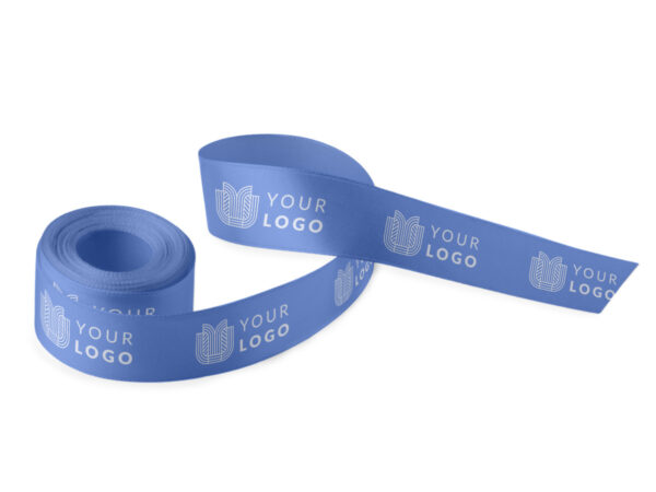 Double-Sided Printed Satin Ribbon. Blue branded ribbon with white "Your Logo". Double-faced satin (colored inside and out) for a premium look. Manufacturer AMGS Group.