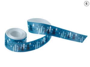 Blue sublimation ribbon with a winter pattern of Christmas trees and snowflakes (Design 1). Ideal for B2B holiday gift wrapping. Manufacturer AMGS Group.