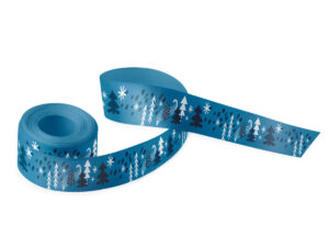Christmas Satin Ribbon With Print. B2B Christmas Satin Ribbons. Double-sided blue satin ribbon with Christmas tree pattern – manufacturer AMGS Group.