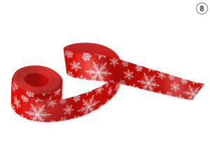 Red double-sided sublimation satin ribbon with a white pattern of large snowflakes (Design 8). Elegant corporate gift wrapping. Manufacturer AMGS Group.