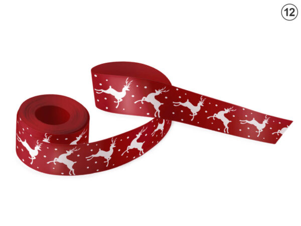 Red double-sided satin ribbon with white running reindeer and polka dots (Design 12). A dynamic, festive motif for corporate packaging. Manufacturer AMGS Group.