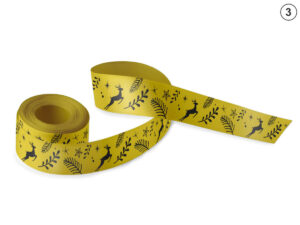 Mustard yellow double-sided satin ribbon with black print: reindeer, branches, and stars (Design 3). Unique for elegant business packages. Manufacturer AMGS Group.