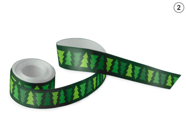 Exclusive green satin ribbon featuring a geometric Christmas tree motif (Design 2). A stylish accessory for corporate holiday packaging. Manufacturer AMGS Group.