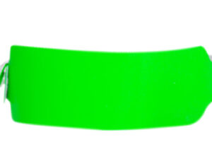 Neon green vinyl wristband, 25mm wide. Waterproof crowd control band with large surface area for logos. Manufacturer AMGS Group.