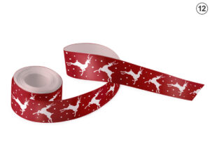 Red satin ribbon with white running reindeer and polka dots (Design 12). A dynamic, festive motif for corporate packaging. Manufacturer AMGS Group.